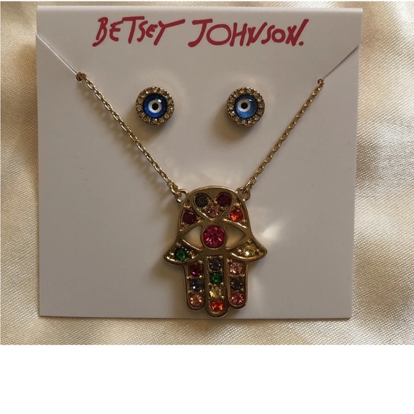 Betsey Johnson Gold Tone Hamsa Hand Pendant Necklace + Evil Eye Stud Earrings - Picture 10 of 11